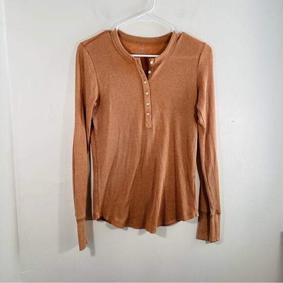 Aerie American Eagle Tan Orange Thin Waffle Knit Long Sleeve Thermal Top Small - Picture 1 of 8